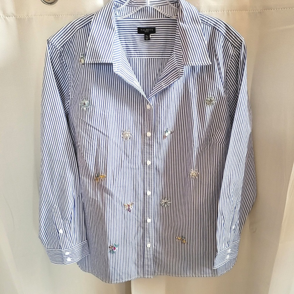 Talbots Womens Button Up Shirt XLP Striped Embellished Preppy Coastal Boho 21745